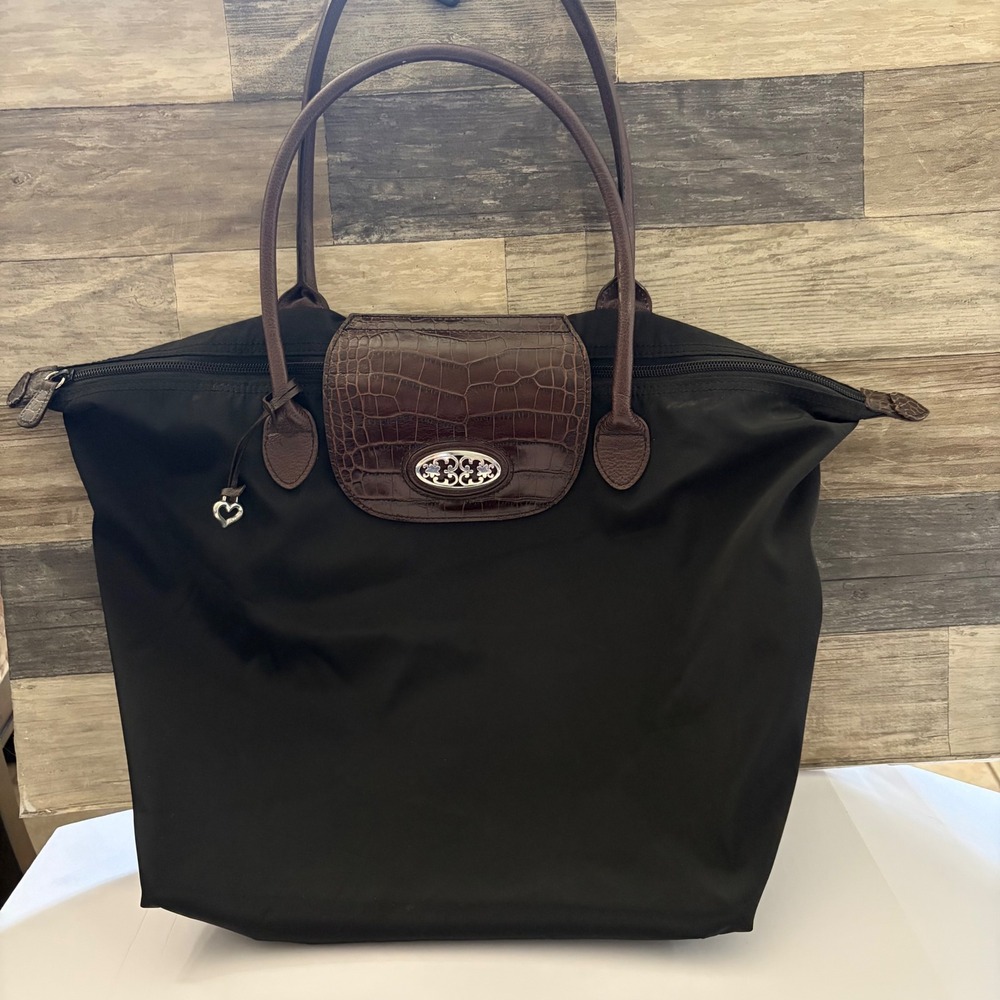 Brighton Black Nylon Brown Croc Leather Trim Large Tote Bag Shoulder Purse